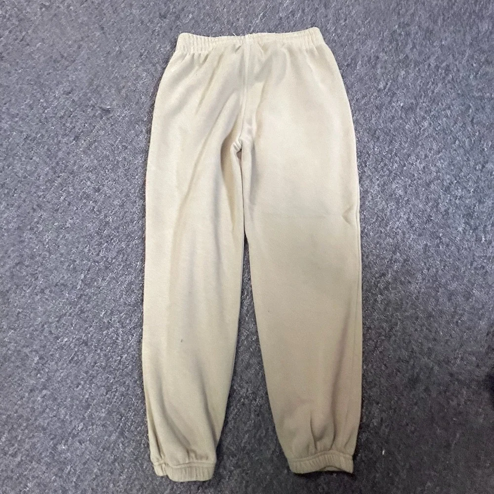 Adidas Sweatpants Mens Small Tan Beige Embroidered Trefoil Joggers Fleece Casual